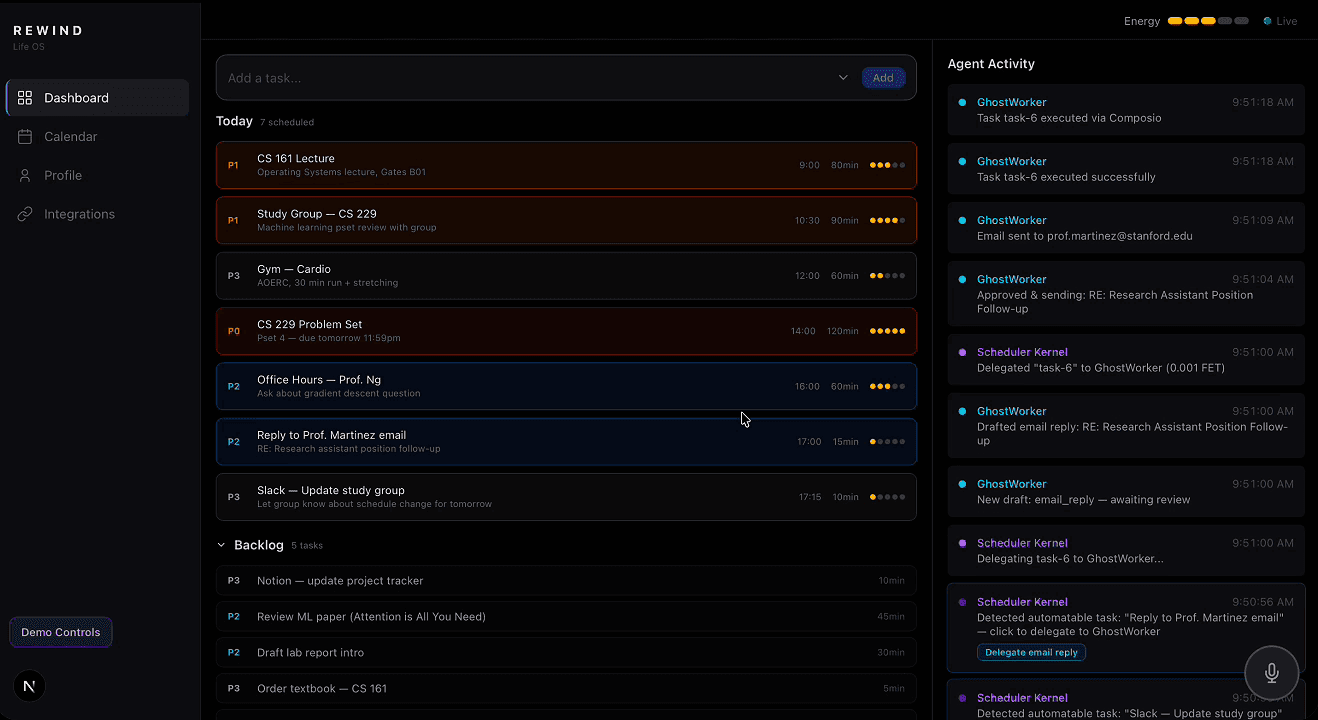 Rewind dashboard with the agent activity feed