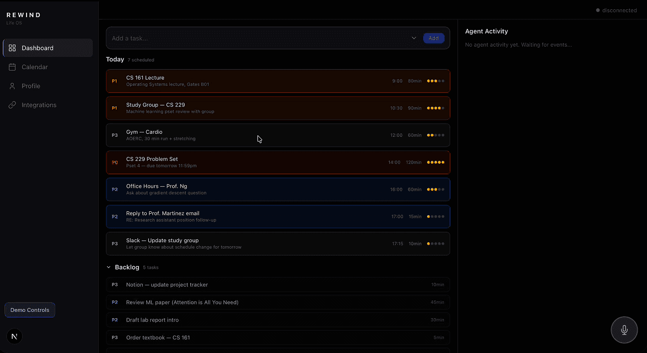 Dashboard with today's prioritized tasks and backlog